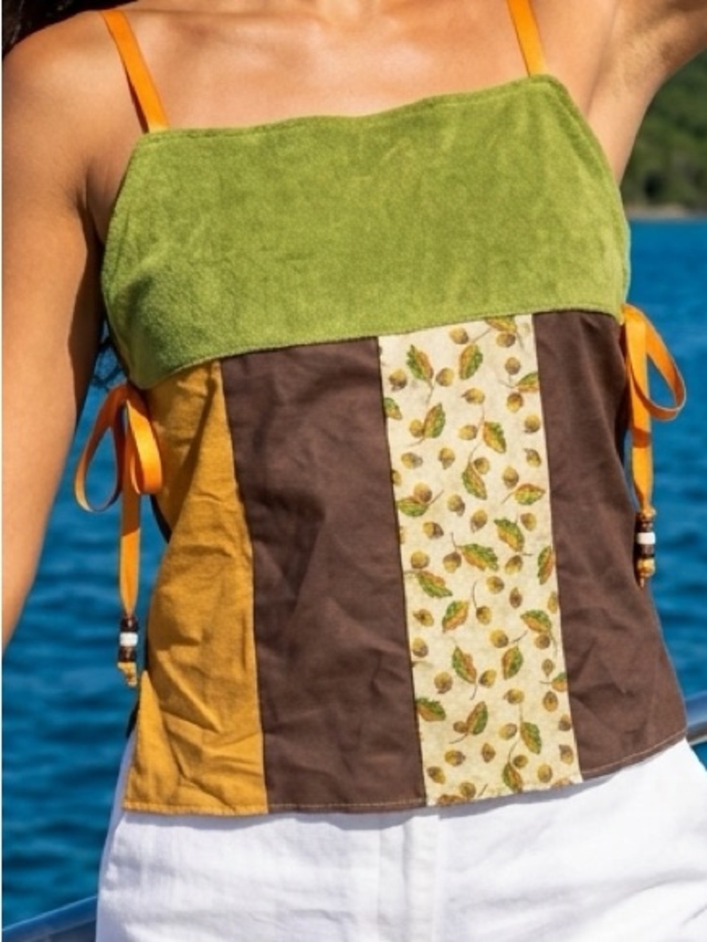 Vintage Handmade Green and Orange Lace-Up Tank Top
